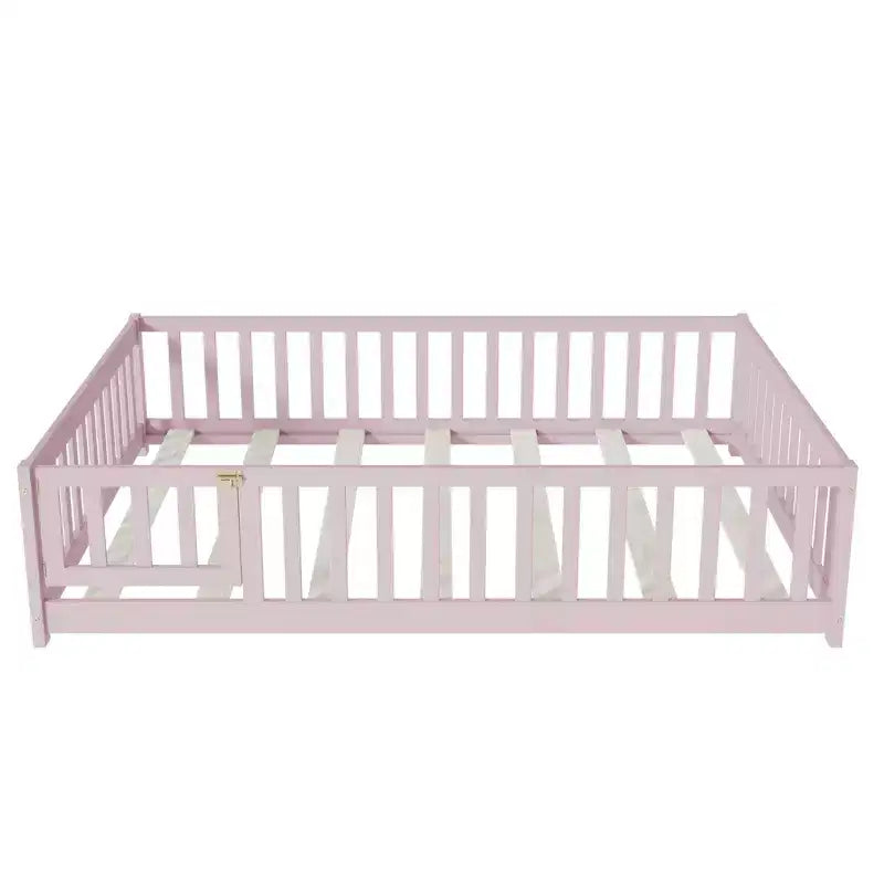 Bellemave Full Size Montessori Floor Bed with Fence & Door, Kids Low Wood Bed Frame with Guardrails, Solid Rubber Wood, Easy Assembly