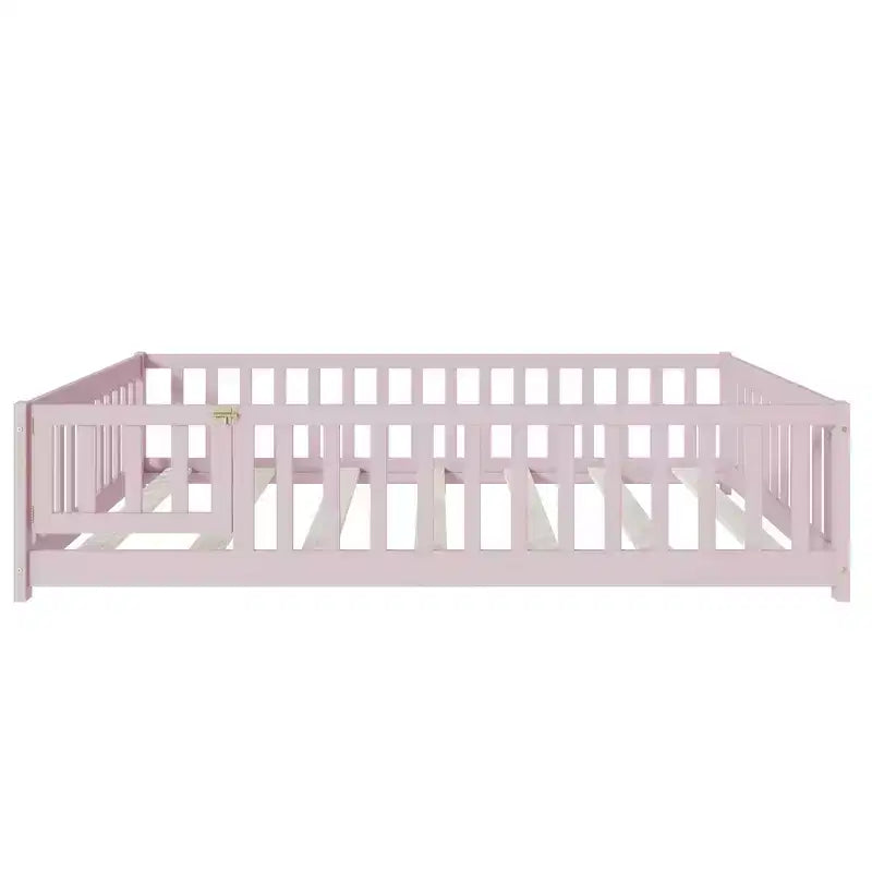 Bellemave Full Size Montessori Floor Bed with Fence & Door, Kids Low Wood Bed Frame with Guardrails, Solid Rubber Wood, Easy Assembly