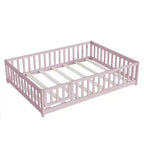 Lit au sol pleine grandeur avec clôture et porte, cadre de lit bas en bois pour enfants avec barrières de sécurité, bois d'hévéa massif, assemblage facile