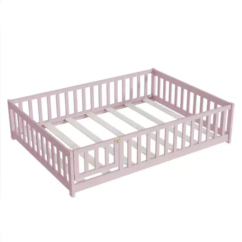 Bellemave Full Size Montessori Floor Bed with Fence & Door, Kids Low Wood Bed Frame with Guardrails, Solid Rubber Wood, Easy Assembly