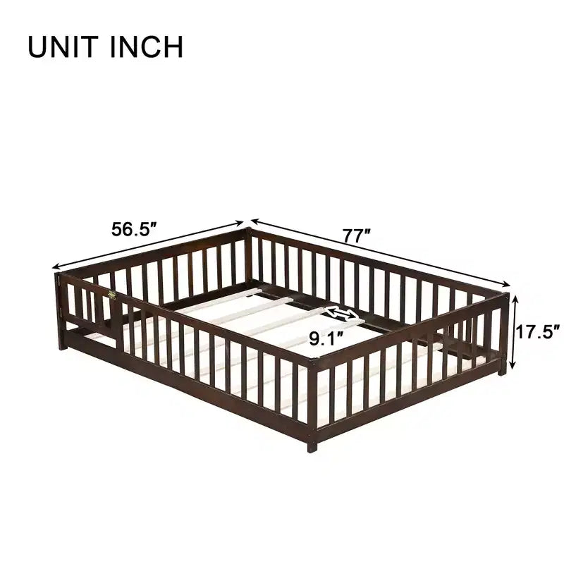 Bellemave Full Size Montessori Floor Bed with Fence & Door, Kids Low Wood Bed Frame with Guardrails, Solid Rubber Wood, Easy Assembly