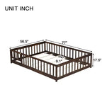 Lit au sol pleine grandeur avec clôture et porte, cadre de lit bas en bois pour enfants avec barrières de sécurité, bois d'hévéa massif, assemblage facile