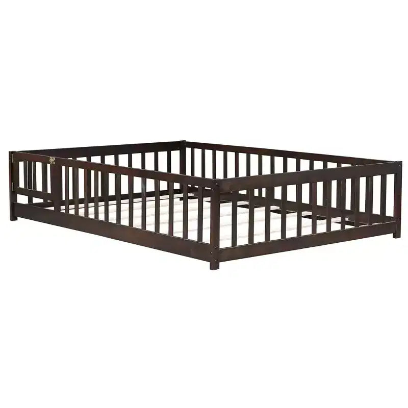 Bellemave Full Size Montessori Floor Bed with Fence & Door, Kids Low Wood Bed Frame with Guardrails, Solid Rubber Wood, Easy Assembly