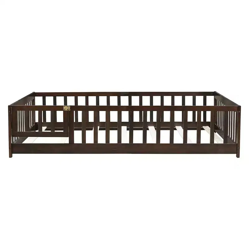 Bellemave Full Size Montessori Floor Bed with Fence & Door, Kids Low Wood Bed Frame with Guardrails, Solid Rubber Wood, Easy Assembly