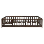Lit au sol pleine grandeur avec clôture et porte, cadre de lit bas en bois pour enfants avec barrières de sécurité, bois d'hévéa massif, assemblage facile