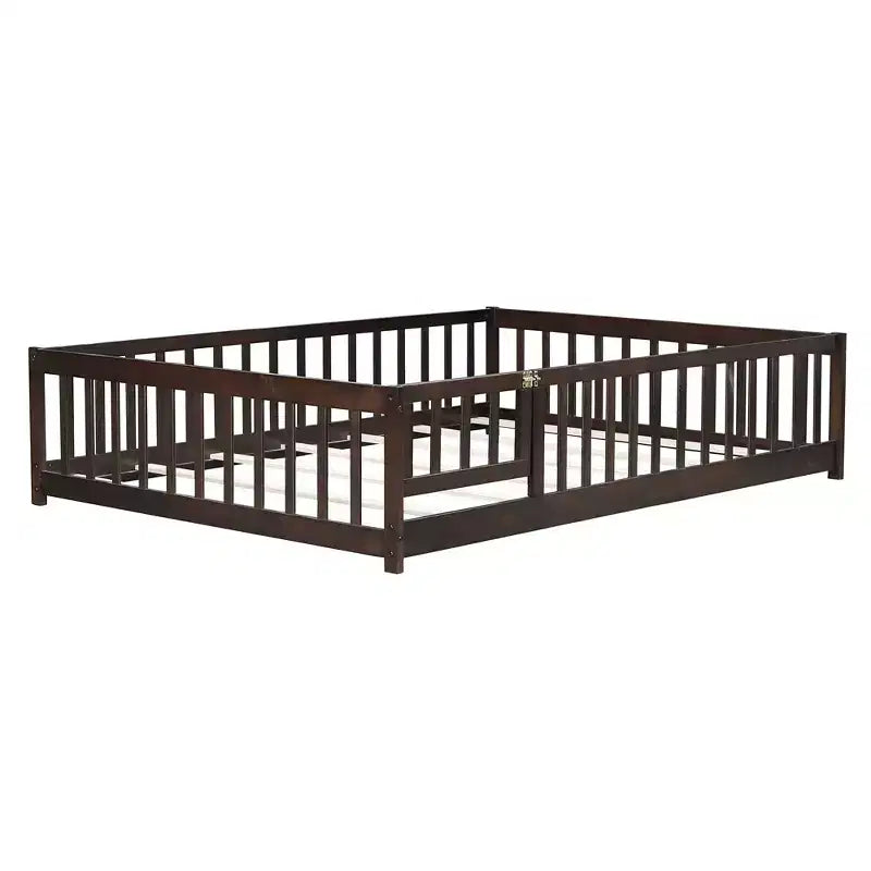 Bellemave Full Size Montessori Floor Bed with Fence & Door, Kids Low Wood Bed Frame with Guardrails, Solid Rubber Wood, Easy Assembly