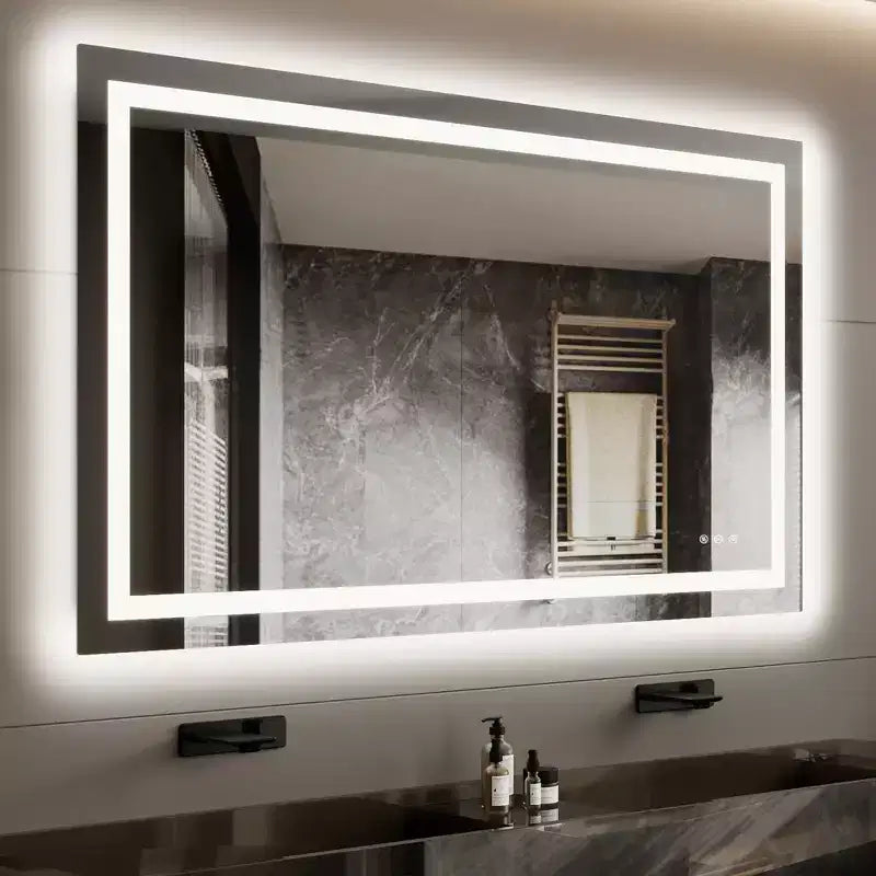 Frameless LED Bathroom Mirror with Double Light Strips, Dimmable Front & Back Lighting, Anti-Fog, 3 Color Temperatures, Memory Touch Control