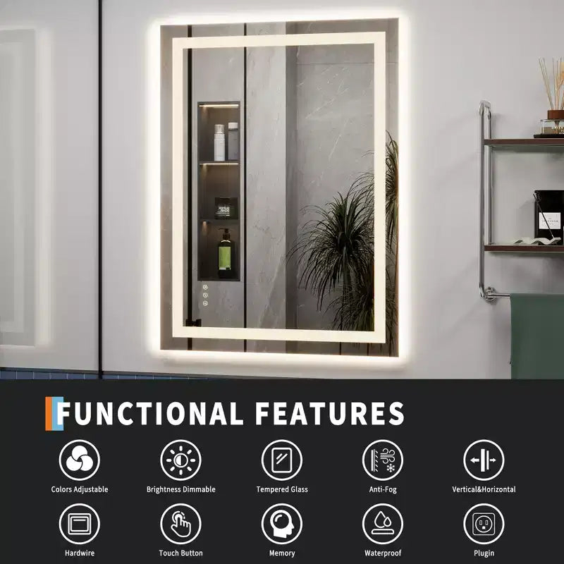 Frameless LED Bathroom Mirror with Double Light Strips, Dimmable Front & Back Lighting, Anti-Fog, 3 Color Temperatures, Memory Touch Control