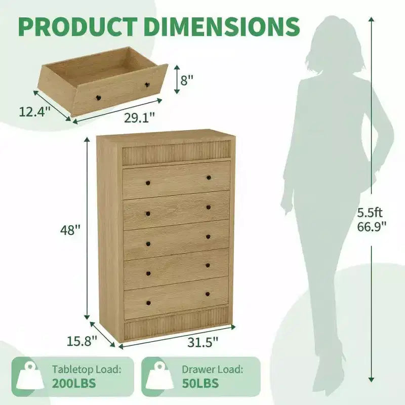 31.5 W Tall Dresser for Bedroom, Fluted Chest of Drawers, Modern Wood Storage Cabinet with 5 Drawers, for Kids Room, Hallway, Living Room