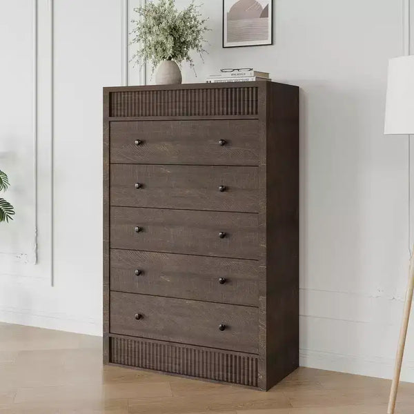 Commode haute de 31,5 po pour chambre à coucher, commode cannelée, armoire de rangement moderne en bois à 5 tiroirs, pour chambre d'enfant, couloir, salon