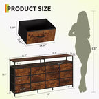 Commode longue de 63'' pour salon, commode en tissu à 12 tiroirs meuble TV pour chambre à coucher, commode avec étagères ouvertes