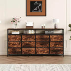 Commode longue de 63'' pour salon, commode en tissu à 12 tiroirs meuble TV pour chambre à coucher, commode avec étagères ouvertes