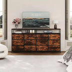 Commode longue de 63'' pour salon, commode en tissu à 12 tiroirs meuble TV pour chambre à coucher, commode avec étagères ouvertes