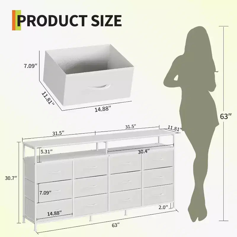 63'' Long Dresser for Living Room,12 Drawers Fabric Dresser TV Stand for Bedroom, Chest of Drawers with Open Shelves