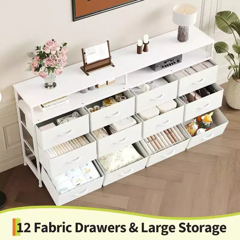 63'' Long Dresser for Living Room,12 Drawers Fabric Dresser TV Stand for Bedroom, Chest of Drawers with Open Shelves