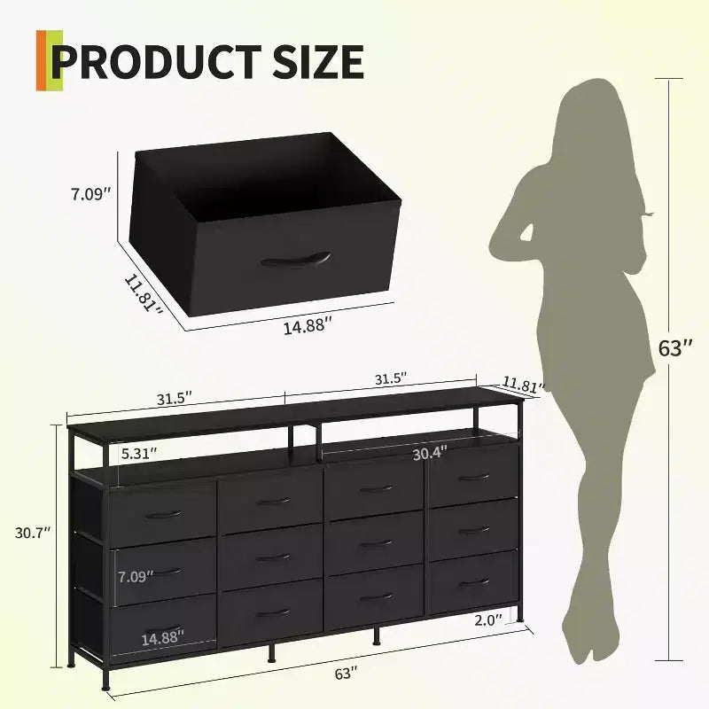 63'' Long Dresser for Living Room,12 Drawers Fabric Dresser TV Stand for Bedroom, Chest of Drawers with Open Shelves