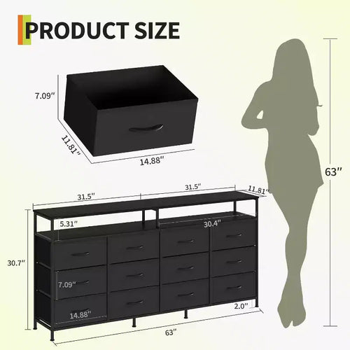 63'' Long Dresser for Living Room,12 Drawers Fabric Dresser TV Stand for Bedroom, Chest of Drawers with Open Shelves