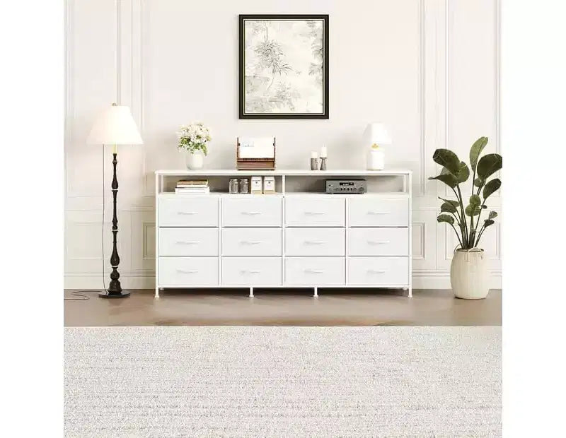 63'' Long Dresser for Living Room,12 Drawers Fabric Dresser TV Stand for Bedroom, Chest of Drawers with Open Shelves