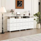 Commode longue de 63'' pour salon, commode en tissu à 12 tiroirs meuble TV pour chambre à coucher, commode avec étagères ouvertes