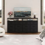 Commode longue de 63'' pour salon, commode en tissu à 12 tiroirs meuble TV pour chambre à coucher, commode avec étagères ouvertes