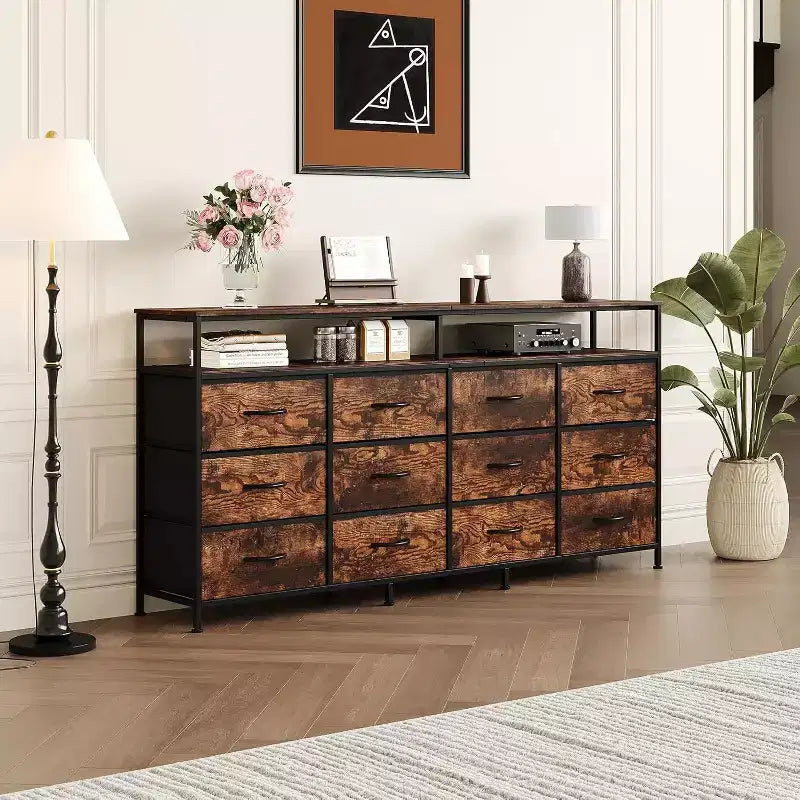 63'' Long Dresser for Living Room,12 Drawers Fabric Dresser TV Stand for Bedroom, Chest of Drawers with Open Shelves