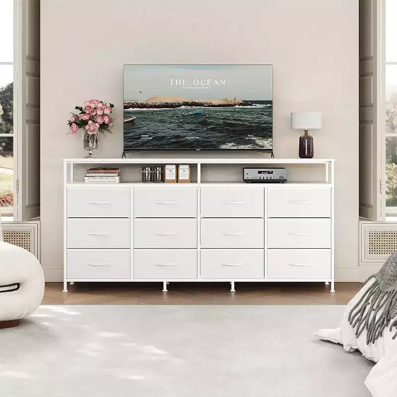 63'' Long Dresser for Living Room,12 Drawers Fabric Dresser TV Stand for Bedroom, Chest of Drawers with Open Shelves