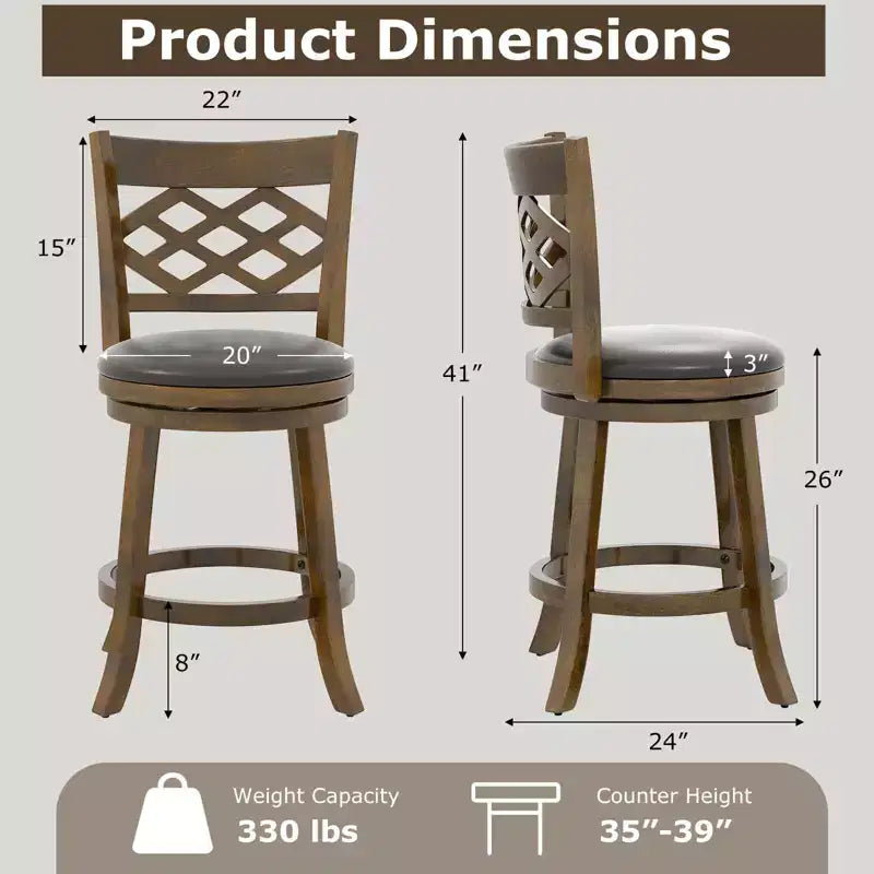 Costway 26 Counter Height Bar Stools Set of 2/4 with Rubber Wood Frame, Upholstered Seat