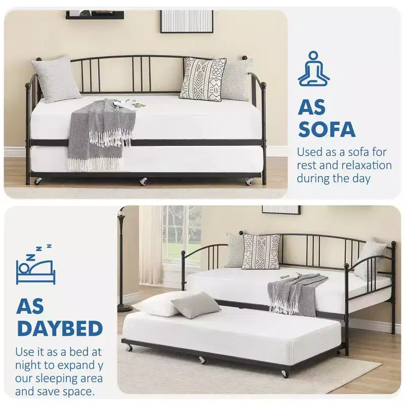 Twin Daybed [with Trundle]  Sturdy Metal with Steel Slat Support, Arched Headboard, Sofa Bed  for Living Room, Bedroom, Guest Room  [Color]