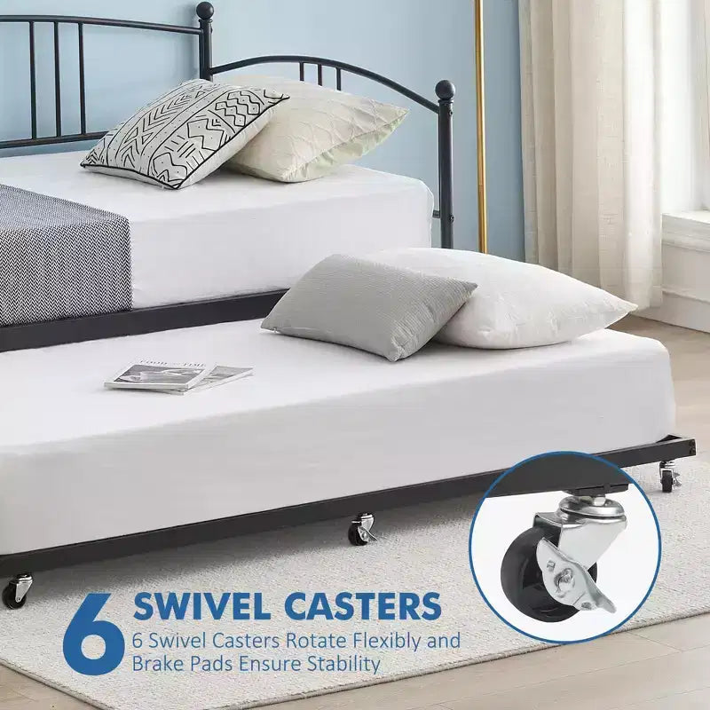 Twin Daybed [with Trundle]  Sturdy Metal with Steel Slat Support, Arched Headboard, Sofa Bed  for Living Room, Bedroom, Guest Room  [Color]