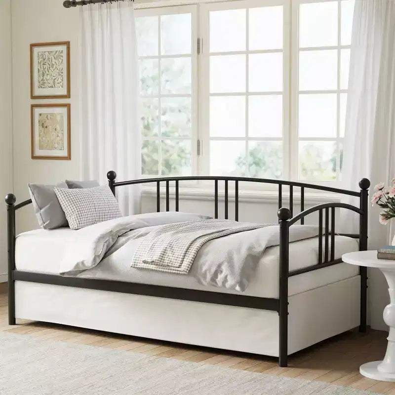 Twin Daybed [with Trundle]  Sturdy Metal with Steel Slat Support, Arched Headboard, Sofa Bed  for Living Room, Bedroom, Guest Room  [Color]