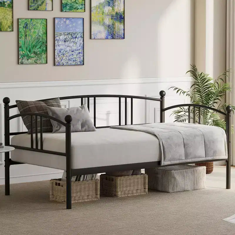 Twin Daybed [with Trundle]  Sturdy Metal with Steel Slat Support, Arched Headboard, Sofa Bed  for Living Room, Bedroom, Guest Room  [Color]
