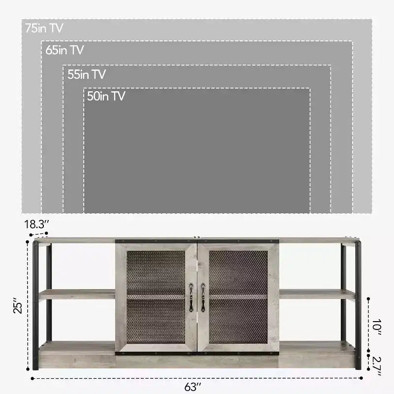 Industrial TV Stand for TVs up to 65'' / 75, Rustic Entertainment Center with Double Mesh Door Cabinet & Open Shelves, Media Console for Living Room