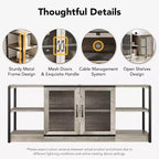 Meuble TV industriel pour téléviseurs jusqu'à 65''/75'', meuble de divertissement rustique avec armoire à double porte grillagée et étagères ouvertes, console multimédia pour salon