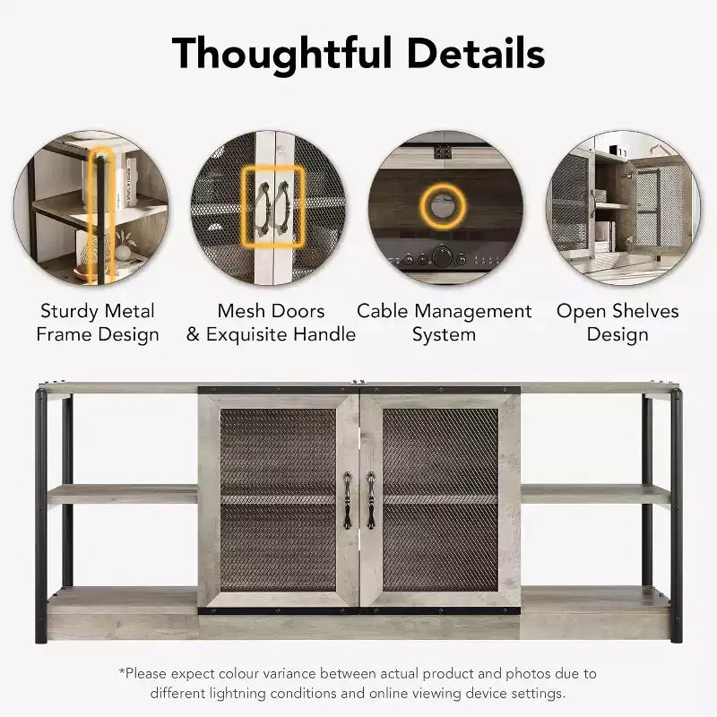 Industrial TV Stand for TVs up to 65'' / 75, Rustic Entertainment Center with Double Mesh Door Cabinet & Open Shelves, Media Console for Living Room