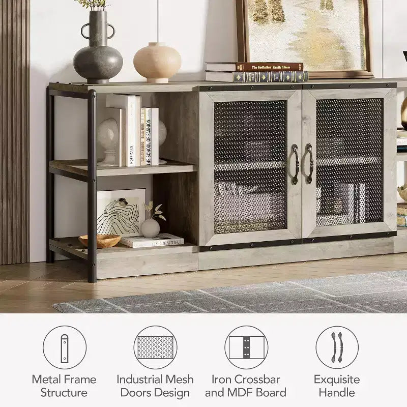 Industrial TV Stand for TVs up to 65'' / 75, Rustic Entertainment Center with Double Mesh Door Cabinet & Open Shelves, Media Console for Living Room