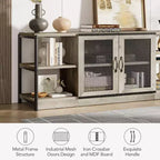 Meuble TV industriel pour téléviseurs jusqu'à 65''/75'', meuble de divertissement rustique avec armoire à double porte grillagée et étagères ouvertes, console multimédia pour salon