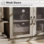 Meuble TV industriel pour téléviseurs jusqu'à 65''/75'', meuble de divertissement rustique avec armoire à double porte grillagée et étagères ouvertes, console multimédia pour salon