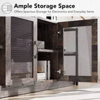 Meuble TV industriel pour téléviseurs jusqu'à 65''/75'', meuble de divertissement rustique avec armoire à double porte grillagée et étagères ouvertes, console multimédia pour salon