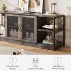 Meuble TV industriel pour téléviseurs jusqu'à 65''/75'', meuble de divertissement rustique avec armoire à double porte grillagée et étagères ouvertes, console multimédia pour salon