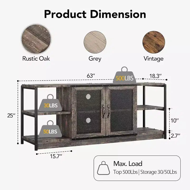 Industrial TV Stand for TVs up to 65'' / 75, Rustic Entertainment Center with Double Mesh Door Cabinet & Open Shelves, Media Console for Living Room