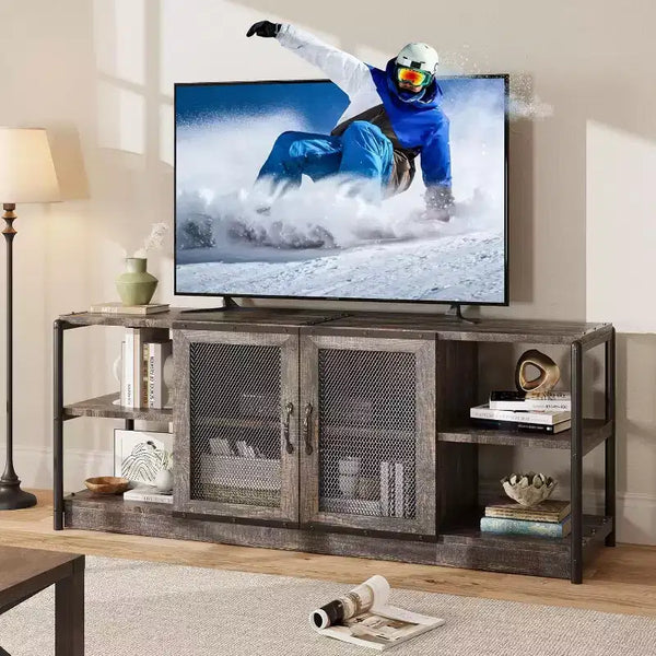 Meuble TV industriel pour téléviseurs jusqu'à 65''/75'', meuble de divertissement rustique avec armoire à double porte grillagée et étagères ouvertes, console multimédia pour salon