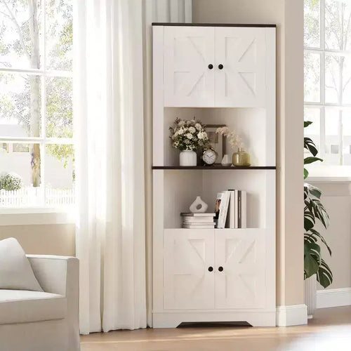 64.8 Tall Farmhouse Corner Cabinet with 4 Doors and 5 Storage Shelves, Farmhouse Storage Cabinet with Barn Door Design