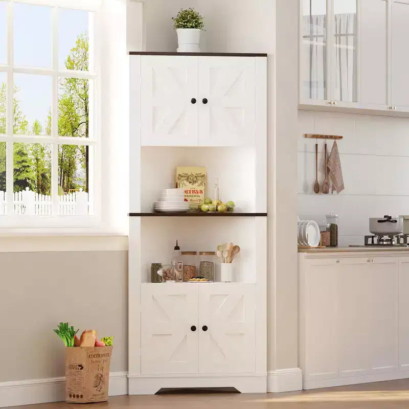 64.8 Tall Farmhouse Corner Cabinet with 4 Doors and 5 Storage Shelves, Farmhouse Storage Cabinet with Barn Door Design