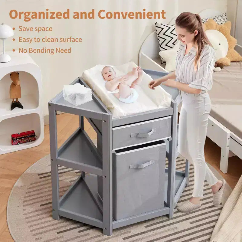 Corner Diaper Changing Table, Baby Diaper Changing Station with Storage Drawer and Laundry Hamper, Multi-Functional Changing Table Organizer