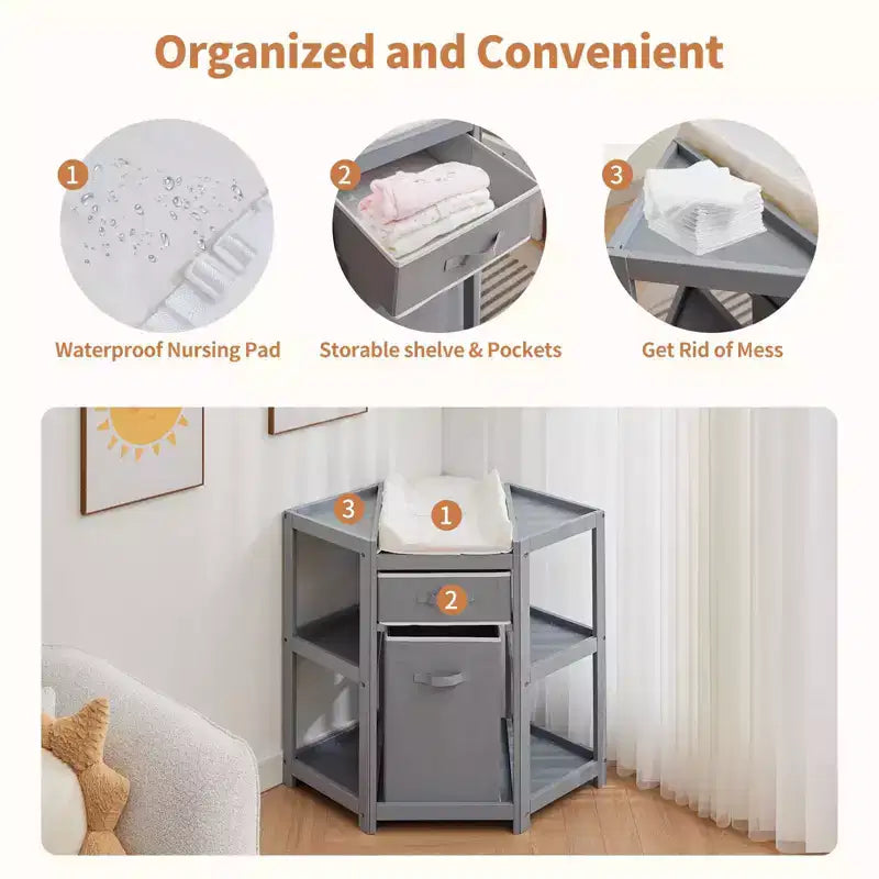 Corner Diaper Changing Table, Baby Diaper Changing Station with Storage Drawer and Laundry Hamper, Multi-Functional Changing Table Organizer