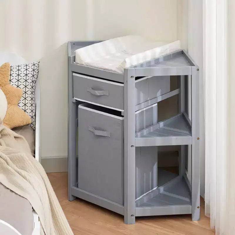 Corner Diaper Changing Table, Baby Diaper Changing Station with Storage Drawer and Laundry Hamper, Multi-Functional Changing Table Organizer