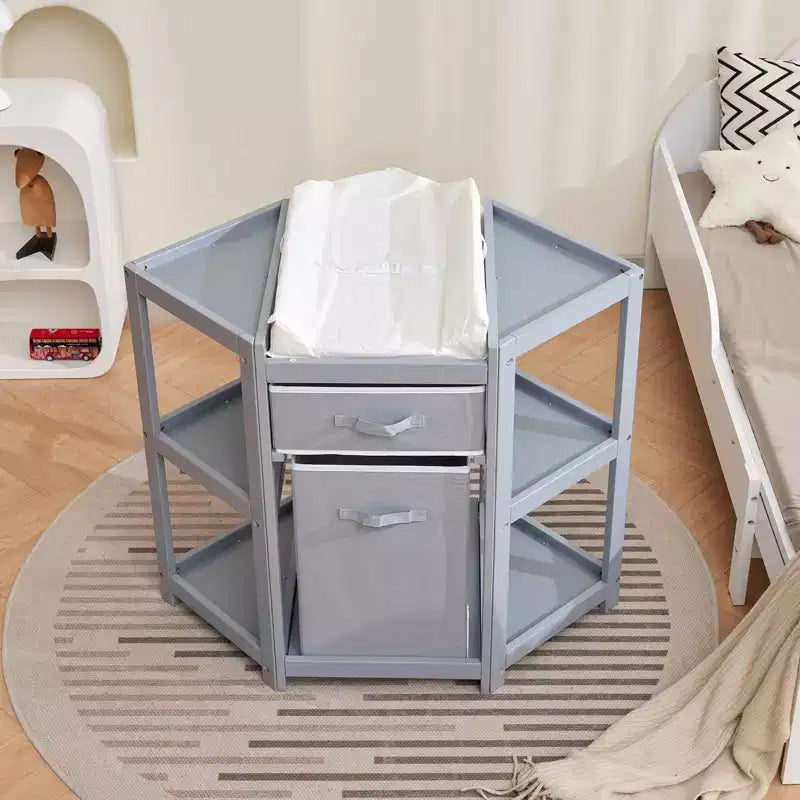 Corner Diaper Changing Table, Baby Diaper Changing Station with Storage Drawer and Laundry Hamper, Multi-Functional Changing Table Organizer