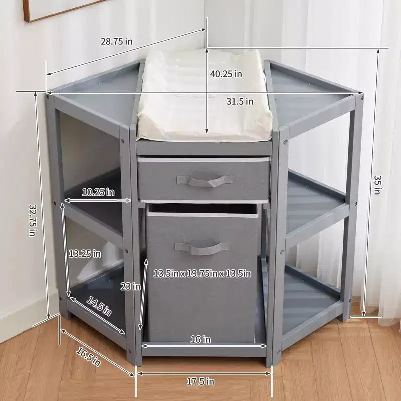 Corner Diaper Changing Table, Baby Diaper Changing Station with Storage Drawer and Laundry Hamper, Multi-Functional Changing Table Organizer