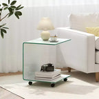 Table d'appoint en C avec étagère à 2 niveaux, 4 roulettes pivotantes et verrouillables pour salon Transparent/Blanc