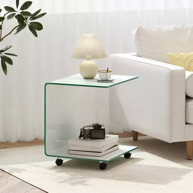 Costway 1/2 PCS C-Shaped End Table with 2-tier shelf, 4 Swivel Lockable Wheels for Living Room Transparent/White